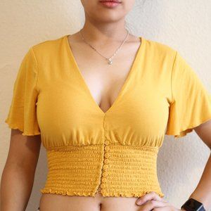 Yellow Deep V-Neck Smocked Top